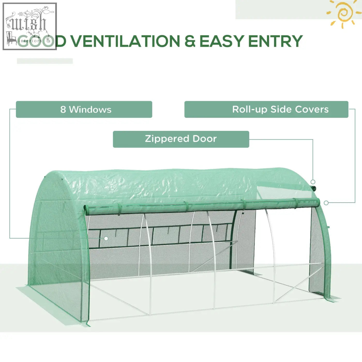 Green plastic outsunny polytunnel greenhouse with zippered door roll-up side covers galvanised steel frame and eight roll-up windows