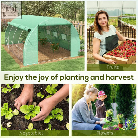 Green outsunny polytunnel greenhouse with galvanised steel frame eight roll-up windows and zipped door for easy access