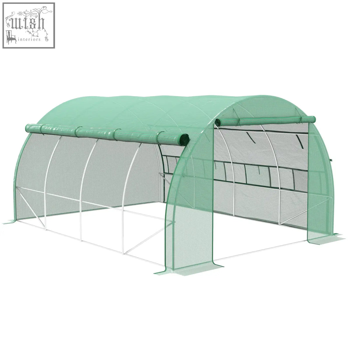 Green mesh outsunny polytunnel greenhouse with galvanised steel frame and eight roll-up windows for easy ventilation