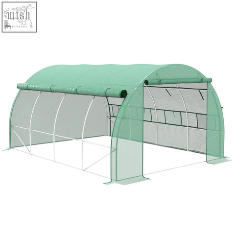Green mesh outsunny polytunnel greenhouse with galvanised steel frame and eight roll-up windows for easy ventilation