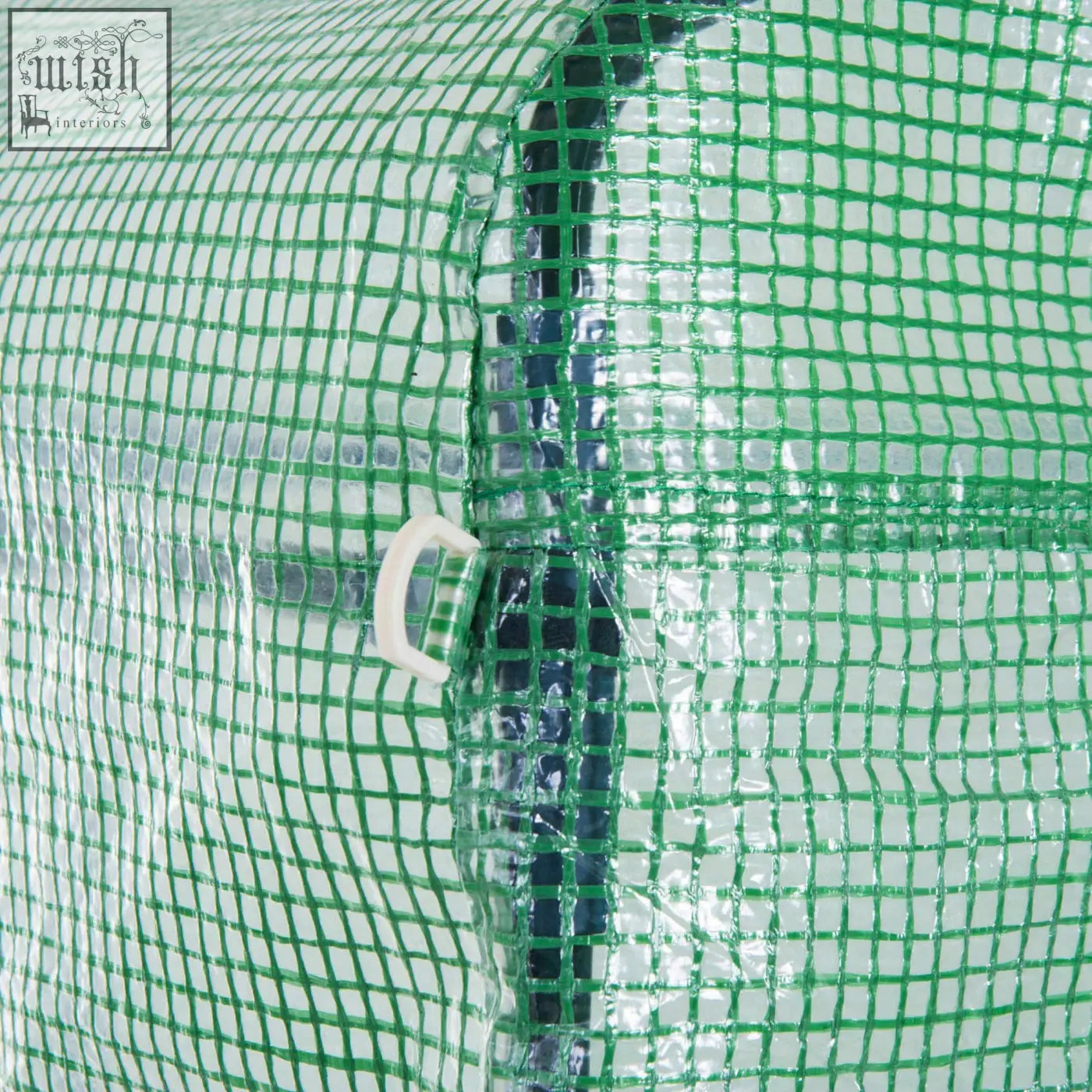 Green mesh fabric with white plastic buckle and dark zipper on outsunny polytunnel greenhouse with galvanised steel frame and six roll-up windows