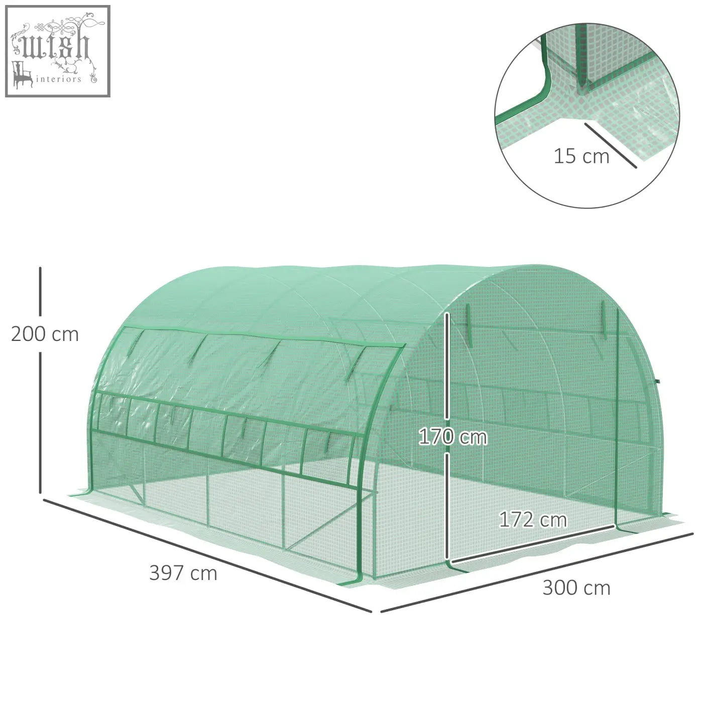 Green plastic outsunny polytunnel greenhouse with galvanized steel frame eight roll-up windows and mesh sides