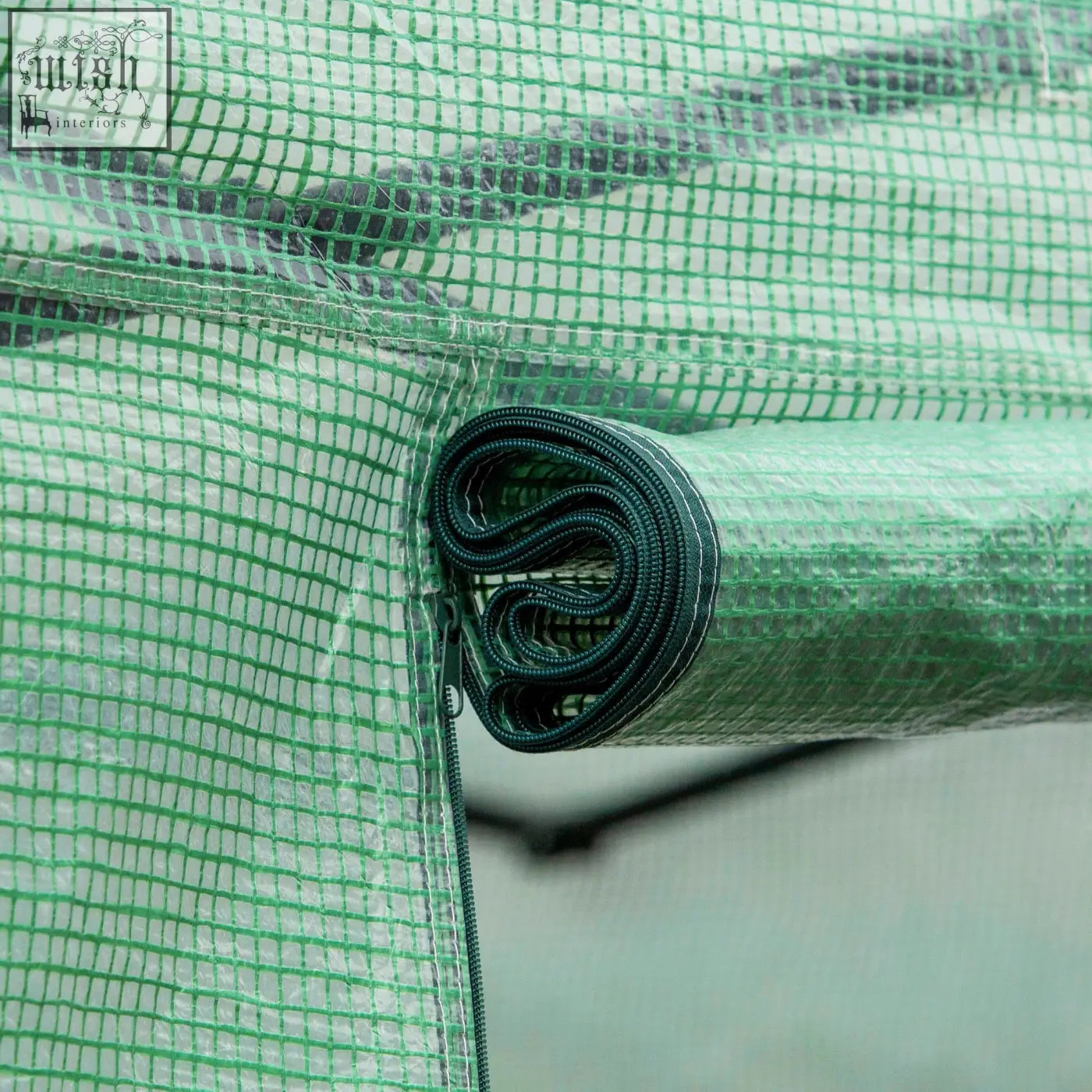 Outsunny polytunnel greenhouse walk-in grow house tent with green mesh cover, dark green zipper pull, galvanised steel frame, and eight roll-up windows