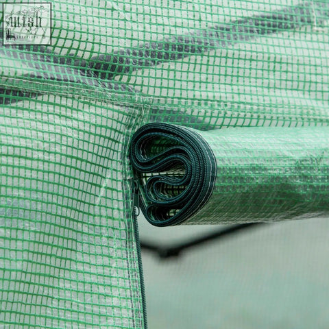 Outsunny polytunnel greenhouse walk-in grow house tent with green mesh cover, dark green zipper pull, galvanised steel frame, and eight roll-up windows