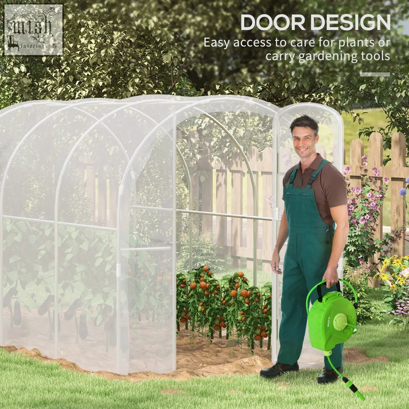A translucent white polytunnel greenhouse with a door and galvanised steel frame for easy gardening access