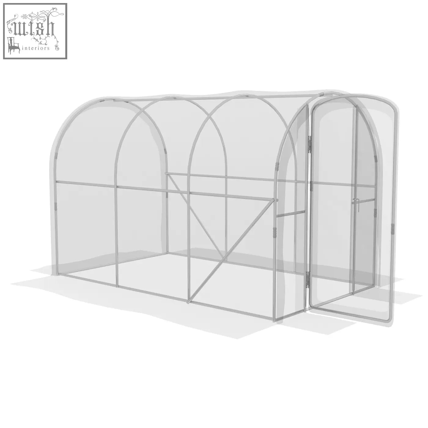Silver-framed polytunnel greenhouse with arched roof and galvanised steel frame for easy walk-in growing