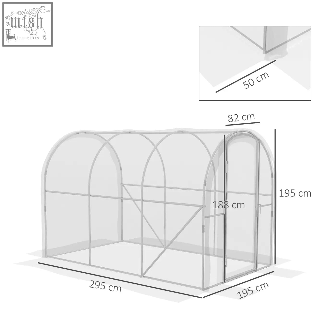 A clear polytunnel greenhouse with a galvanised steel frame and mesh sides for easy gardening access