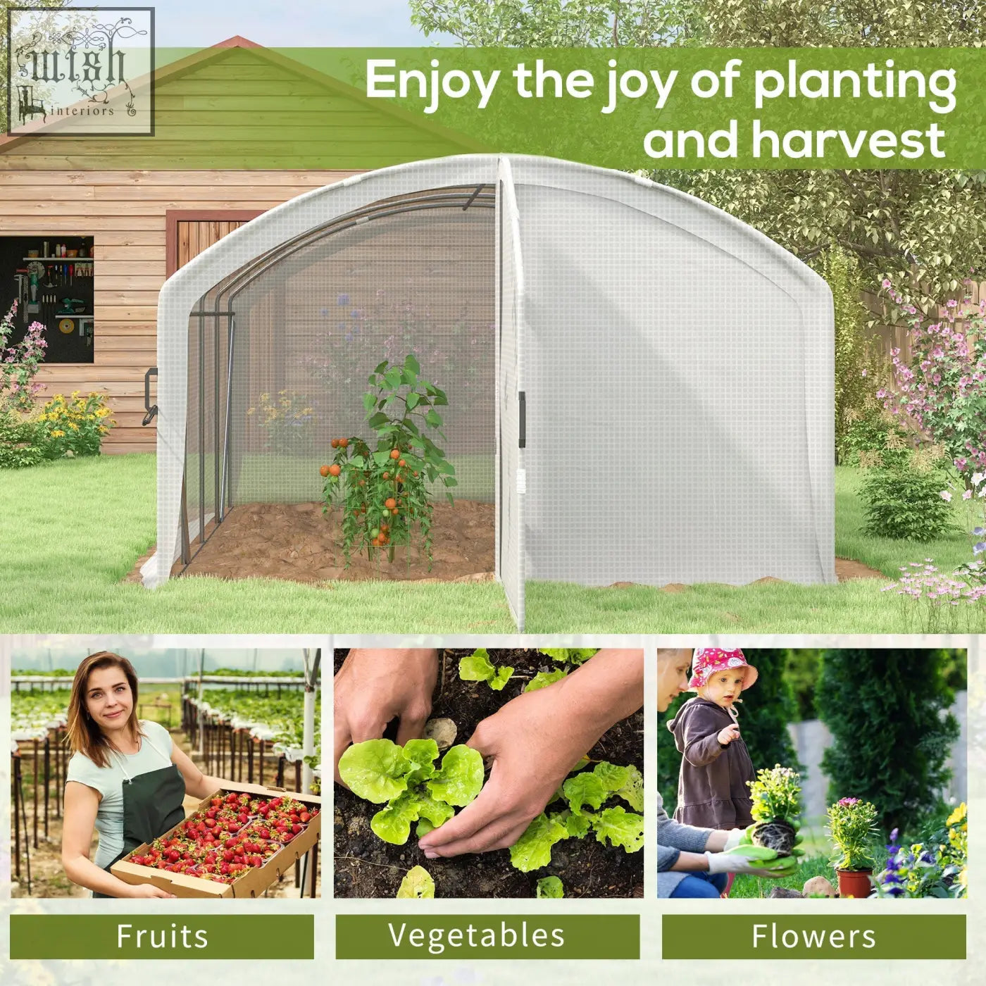 White outsunny polytunnel greenhouse with mesh sides and transparent front panel featuring a galvanised steel frame