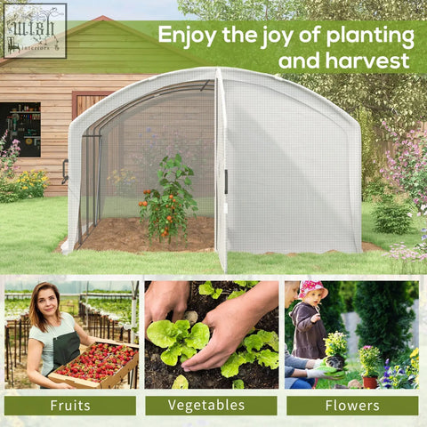 White outsunny polytunnel greenhouse with mesh sides and transparent front panel featuring a galvanised steel frame