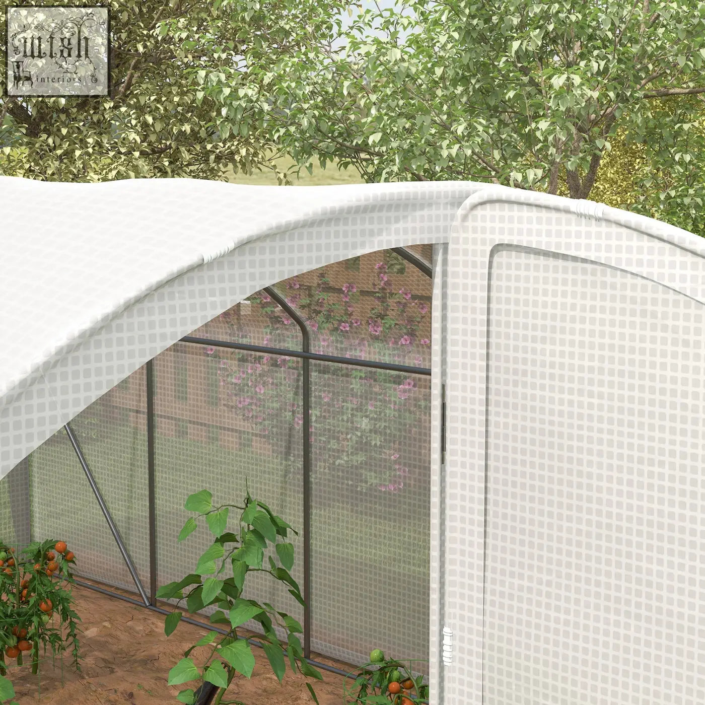 White arched outsunny polytunnel greenhouse with translucent mesh panels and galvanised steel frame for easy growhouse use