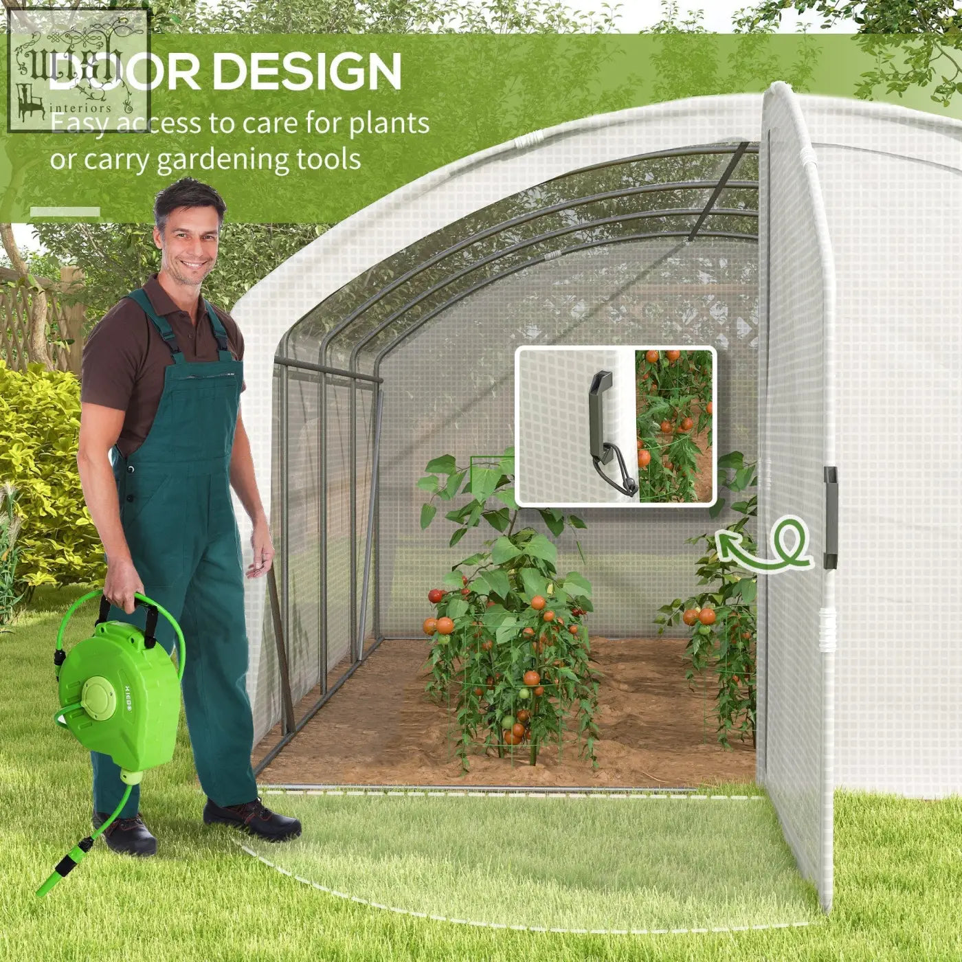 Green retractable garden hose with black handle and nozzle shown with outsunny polytunnel greenhouse steel frame