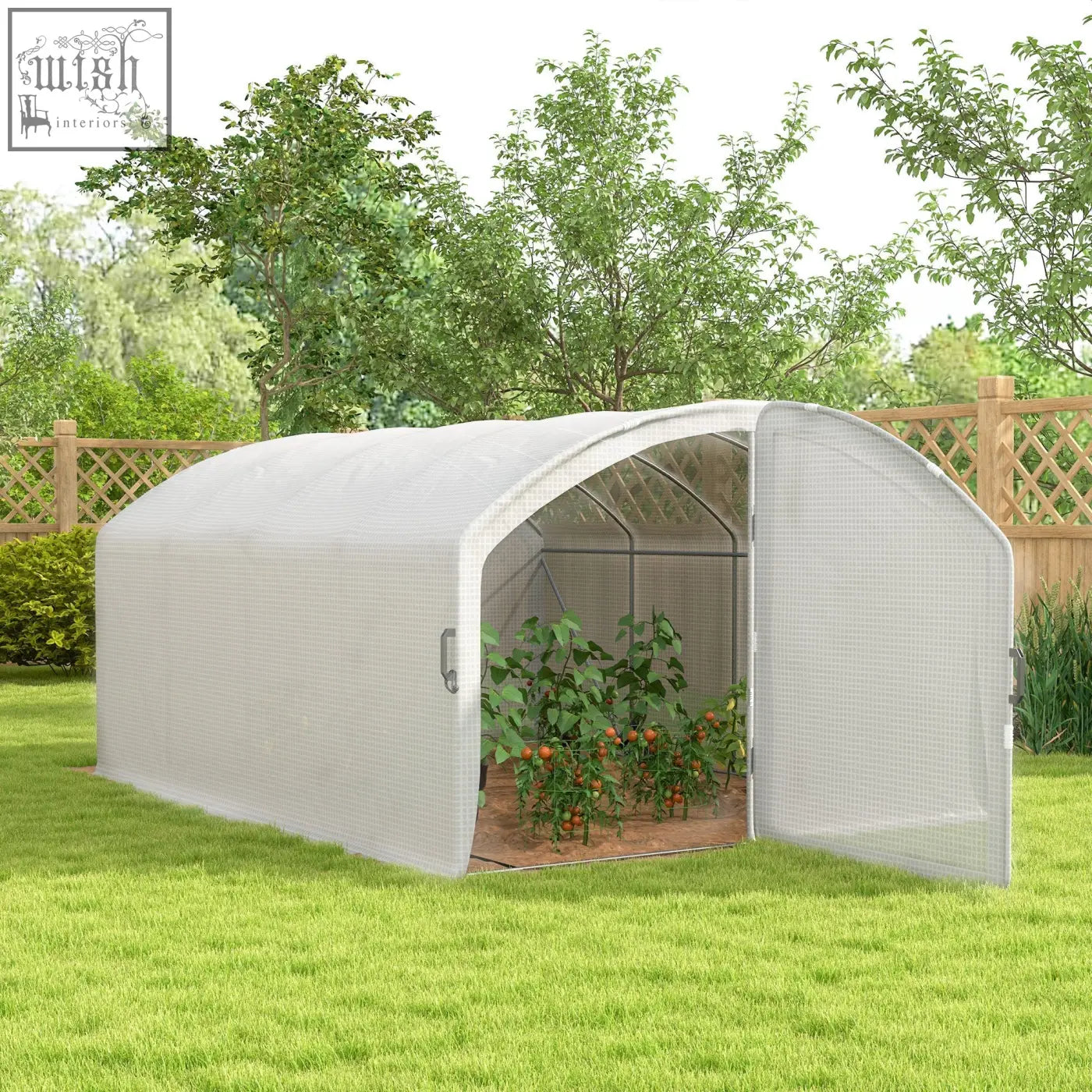 White arched outsunny polytunnel greenhouse with galvanised steel frame mesh sides and clear plastic door housing tomato plants