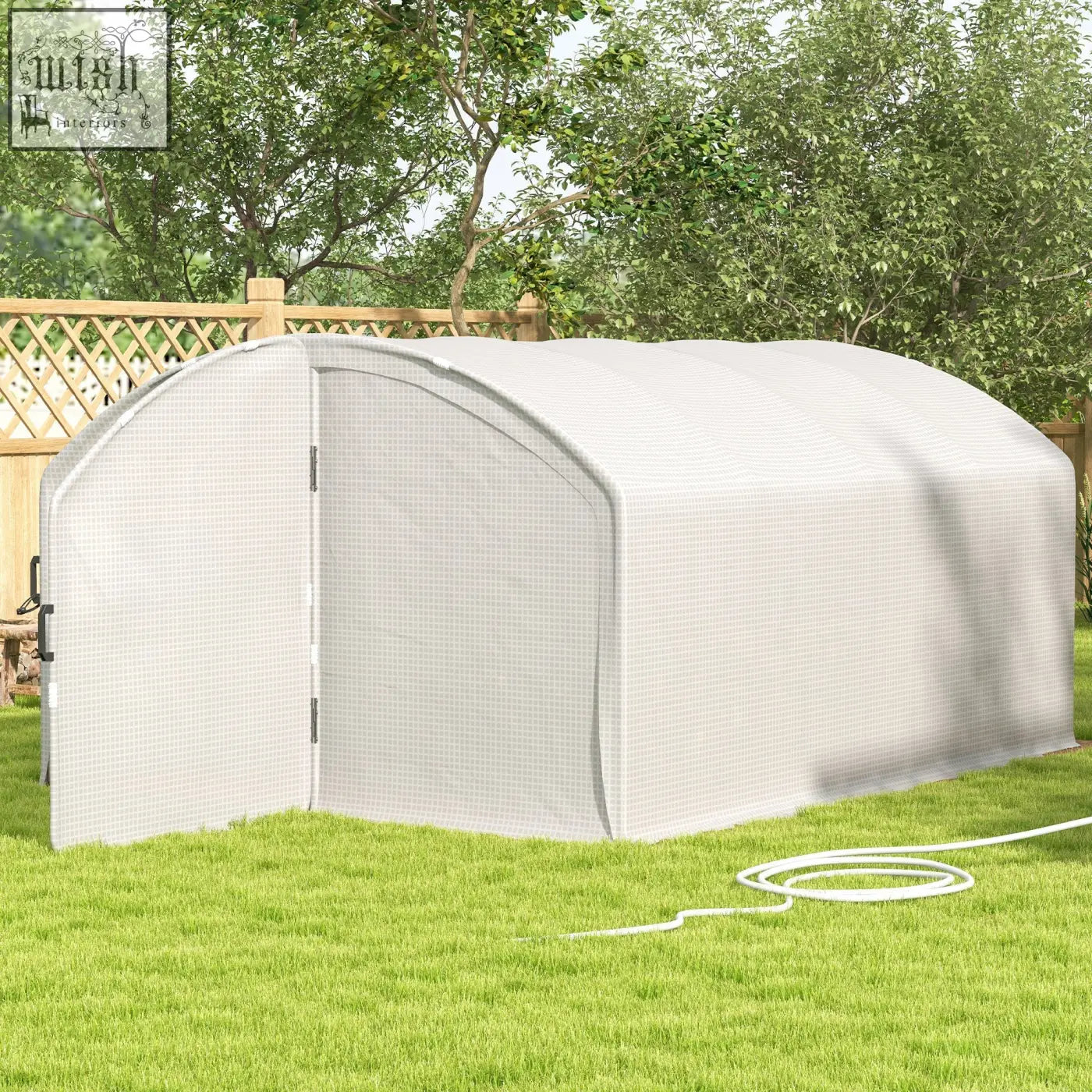 White arched outsunny polytunnel greenhouse with mesh cover and galvanised steel frame for easy gardening