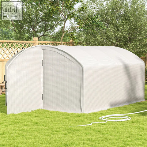 White arched outsunny polytunnel greenhouse with mesh cover and galvanised steel frame for easy gardening