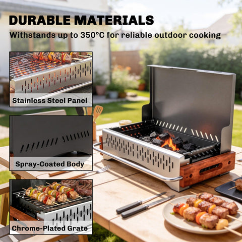 Outsunny portable black charcoal grill with stainless steel spray-coated body and chrome-plated grilling net for four people