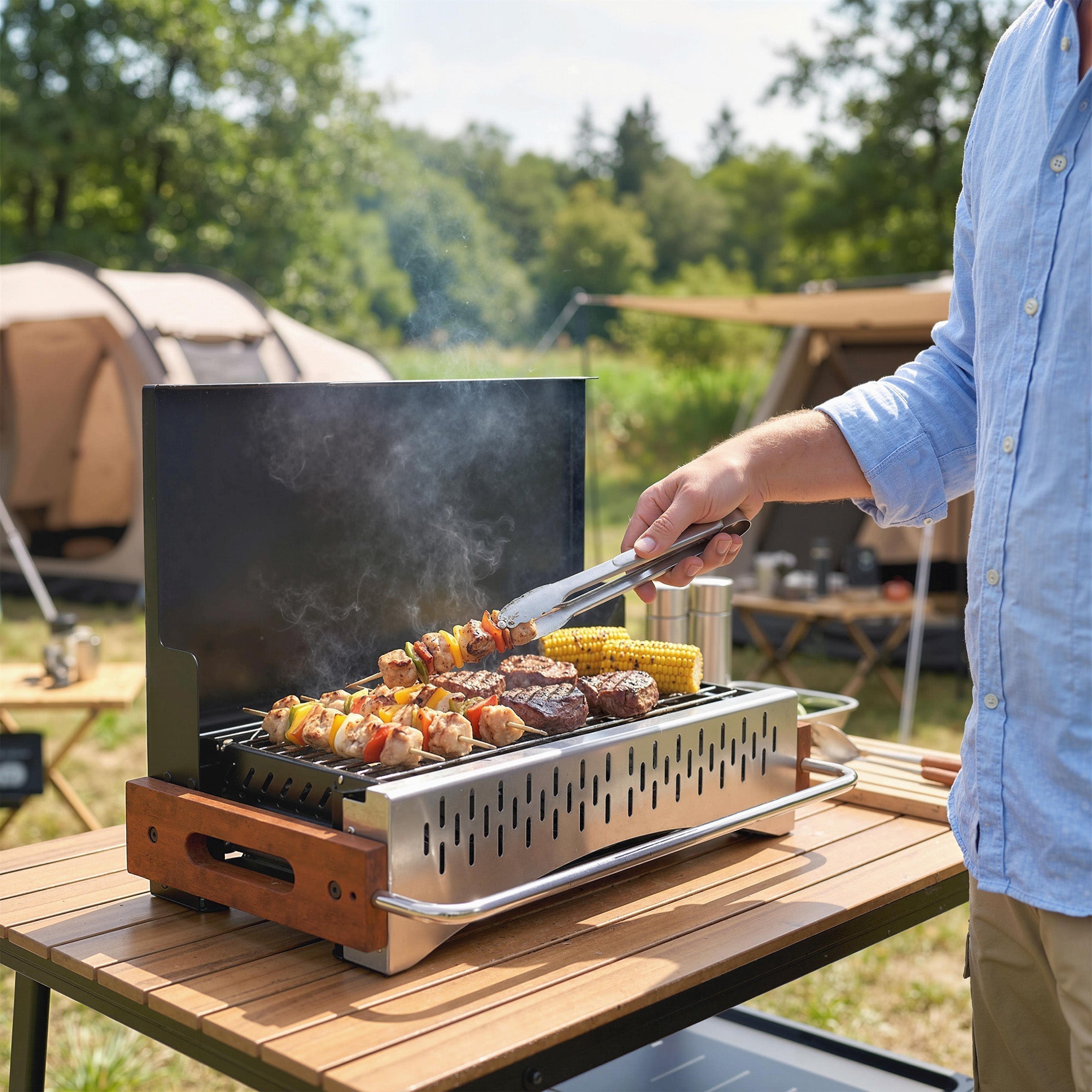 Outsunny portable charcoal grill with stainless steel and wood design in black for camping and four people use
