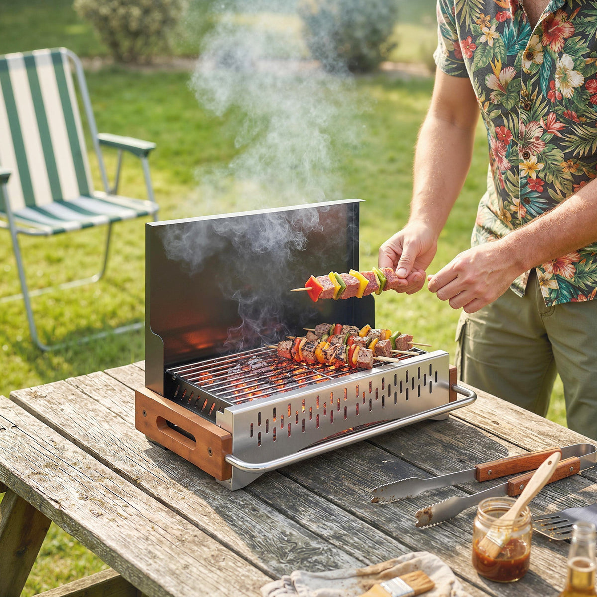 Outsunny portable charcoal grill with silver stainless steel body, wood handle, and grilling net for four people outdoors
