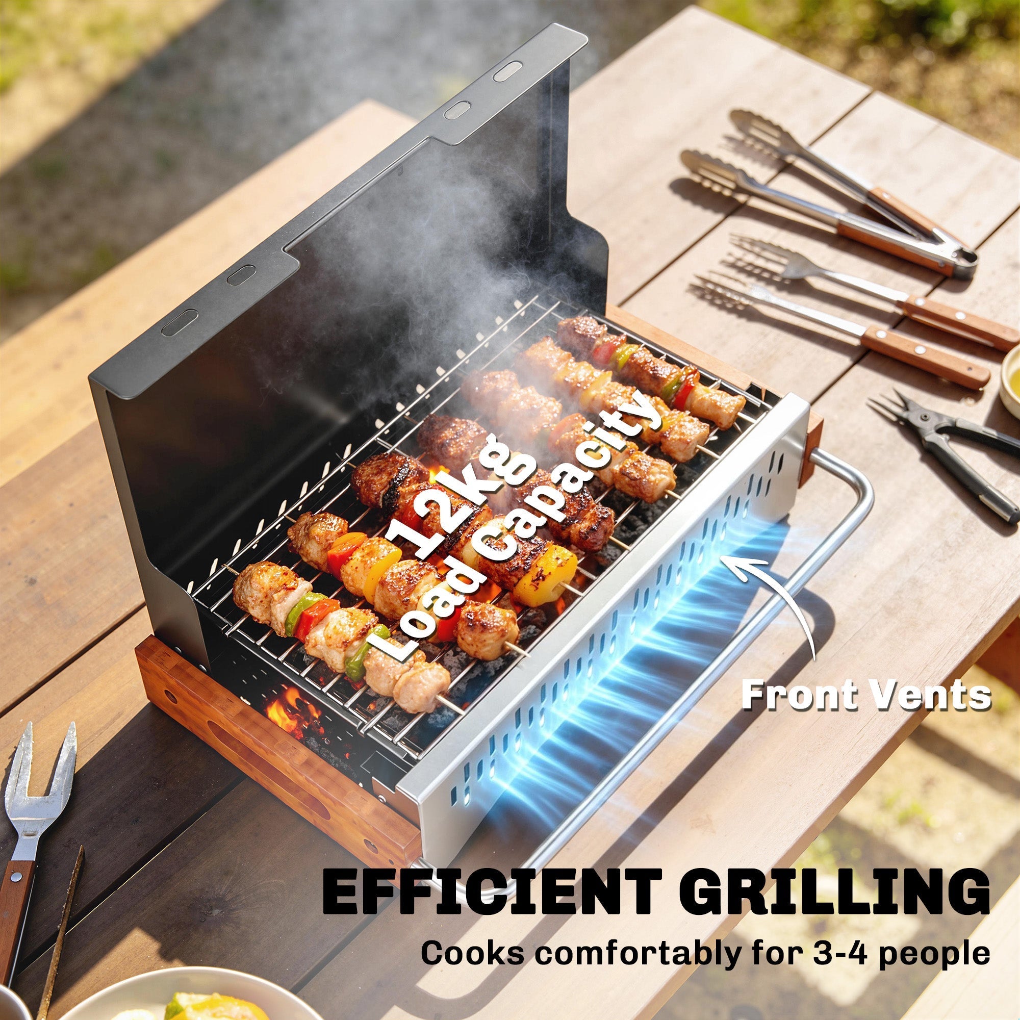 Outsunny portable charcoal grill with stainless steel vents and wooden base perfect for grilling for four people
