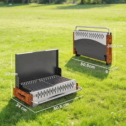 Outunny portable charcoal grill with stainless steel body wooden handles and black cooking grate for four people