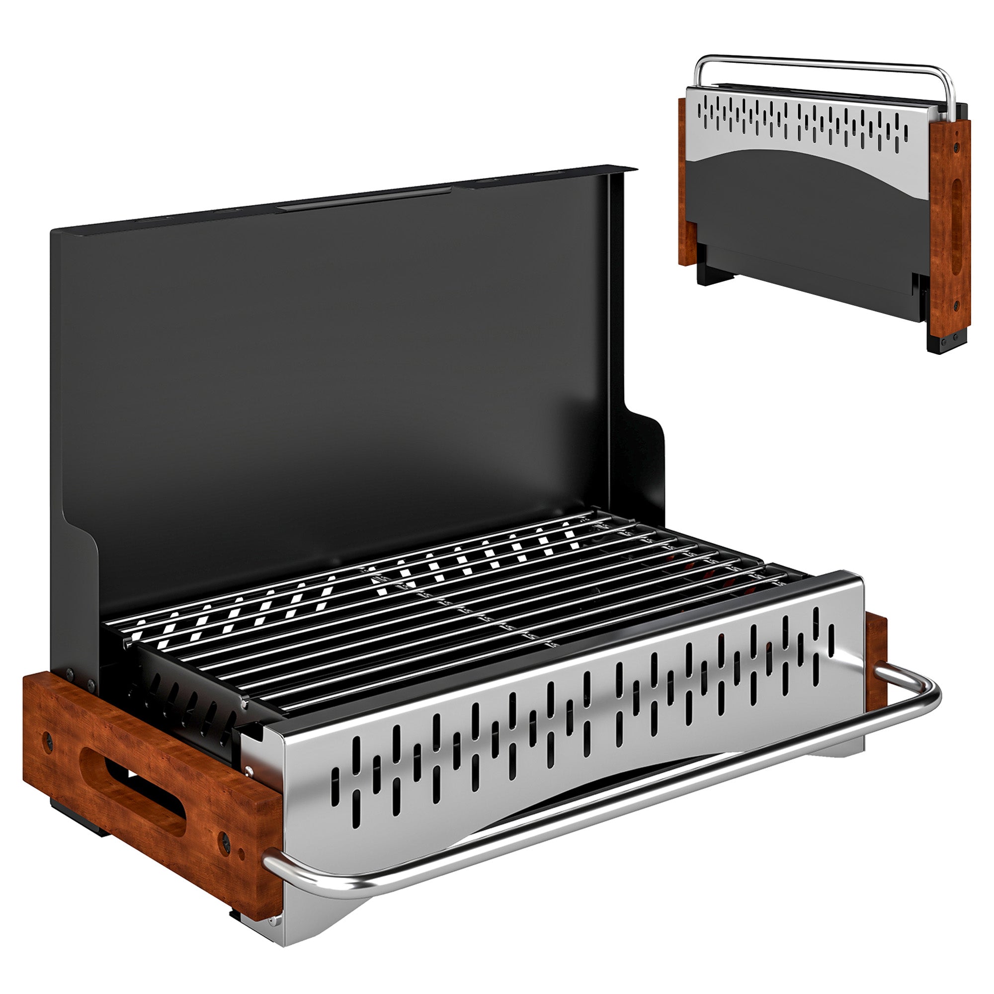 Outsunny portable charcoal grill in black stainless steel with wooden handles and folding design perfect for four people