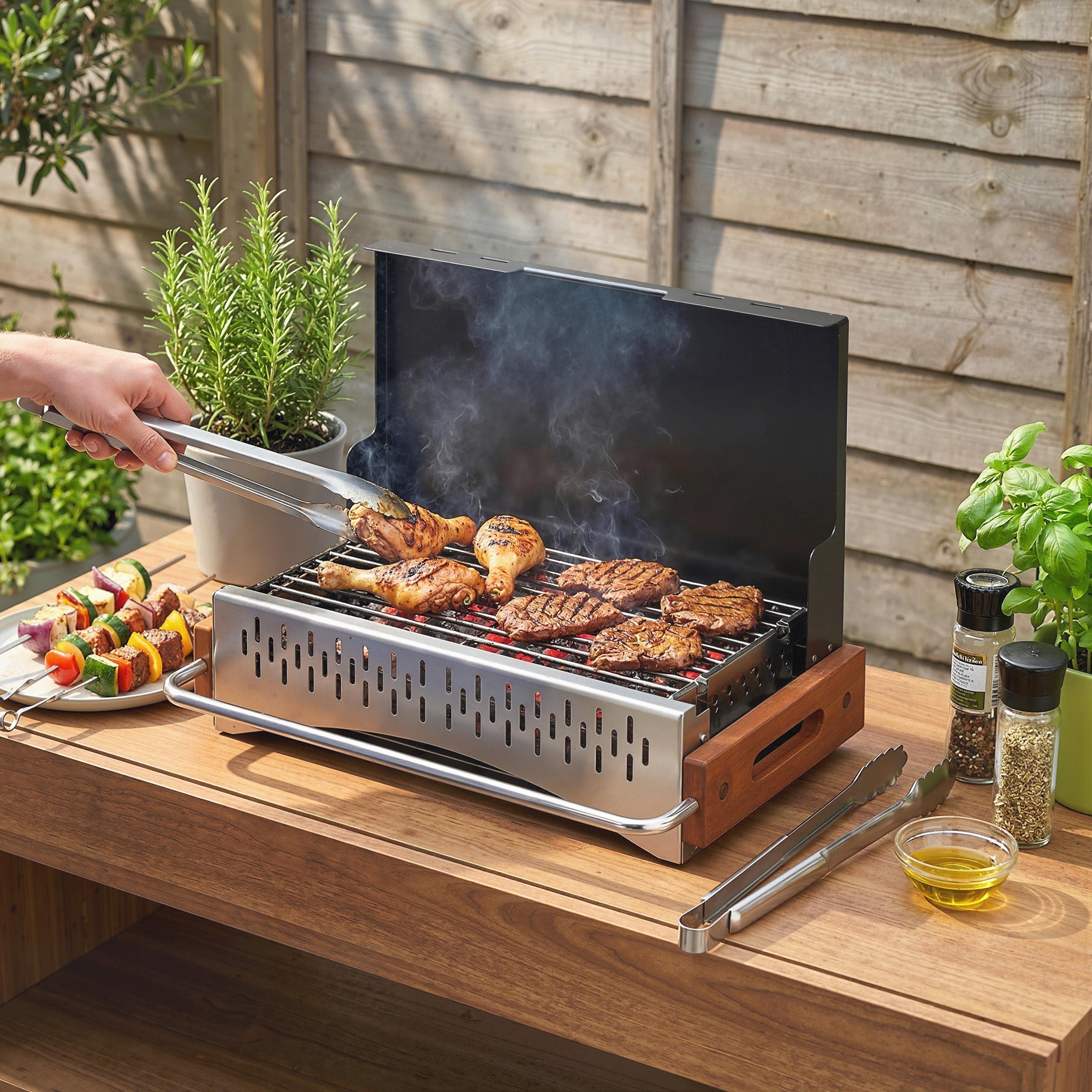 Outsunny portable charcoal grill with stainless steel and wood grain grilling chicken and steaks for four people outdoors