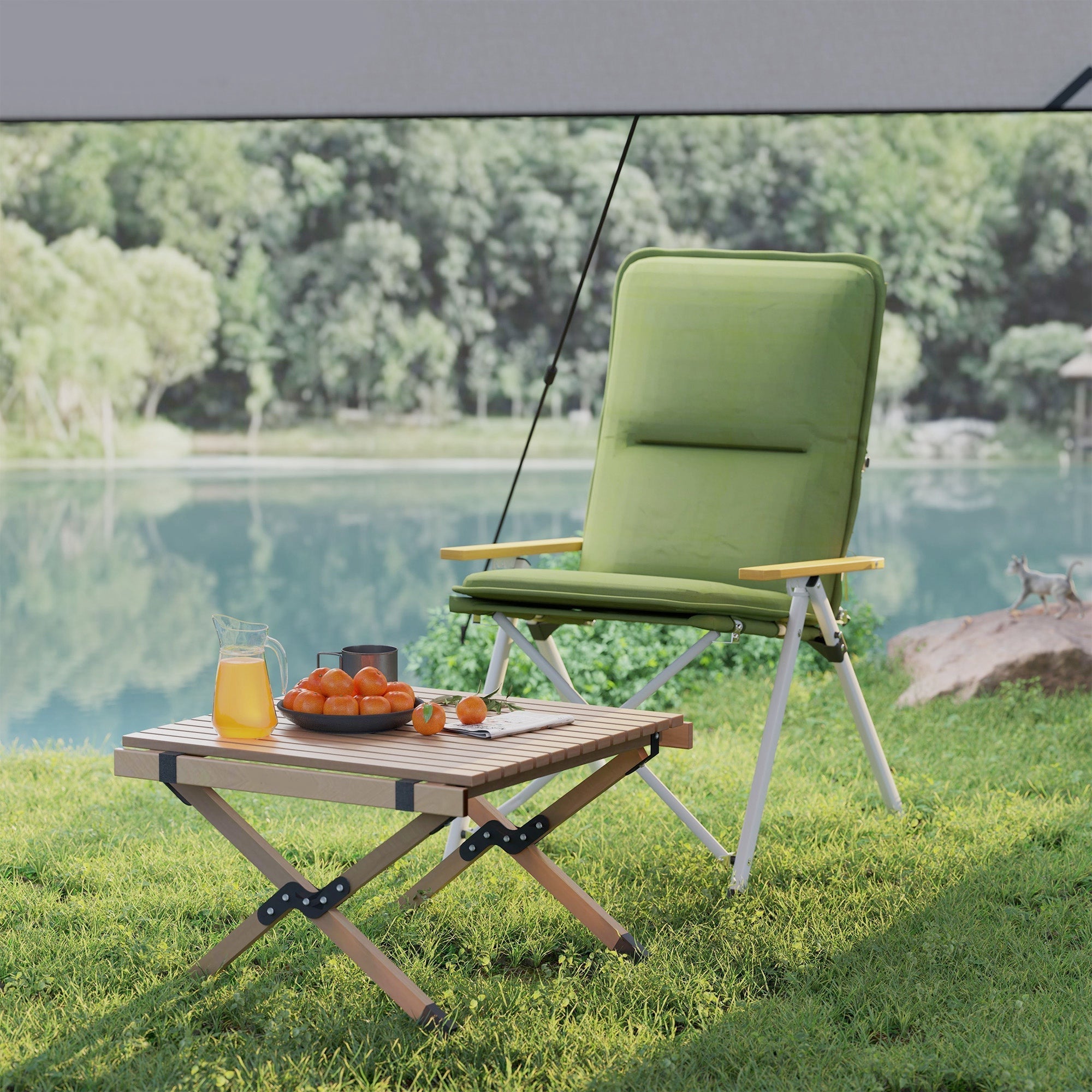 Green outsunny portable camping chair with padded seat beechwood armrests and oxford cloth for outdoor use