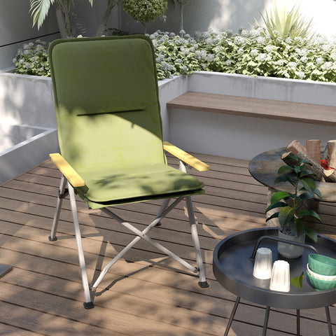 Outsunny portable camping chair in olive green with padded seat, beechwood armrests, and oxford cloth for outdoor use