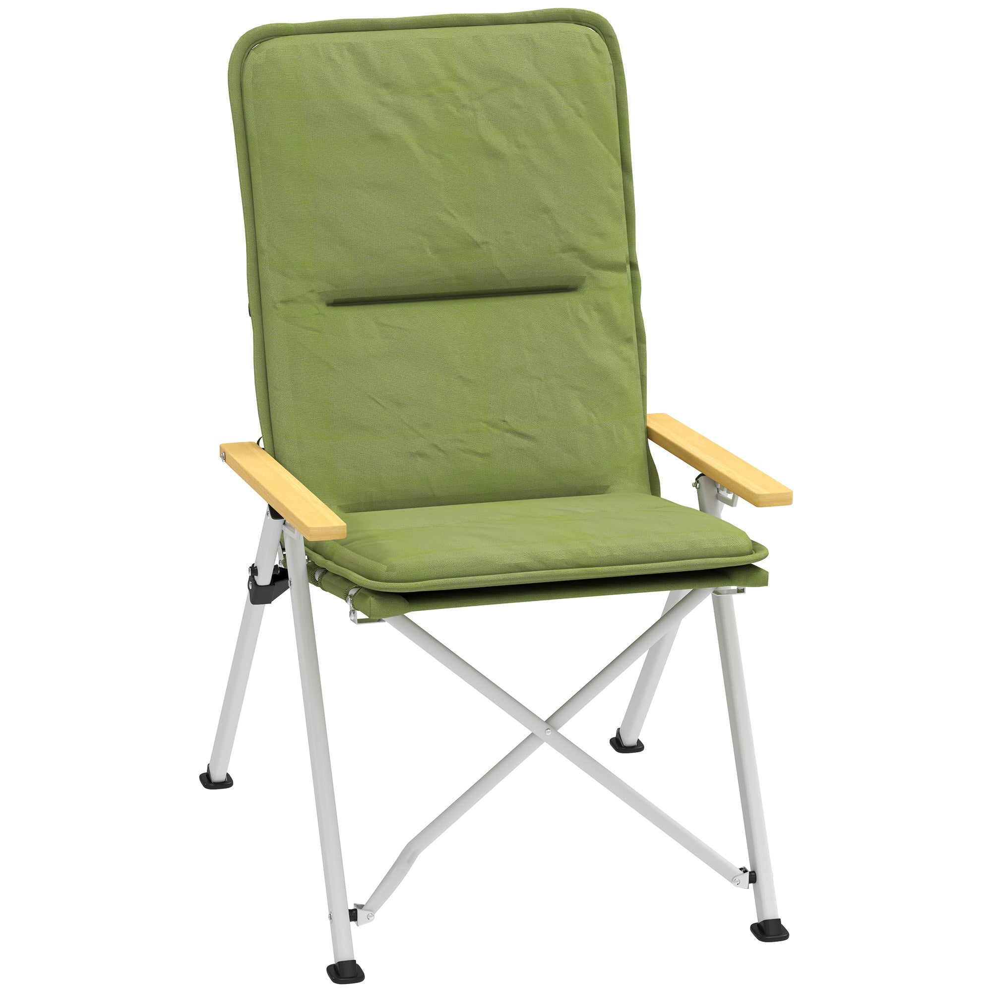Olive green outsunny portable camping chair with padded seat oxford cloth and beechwood armrests for outdoor use