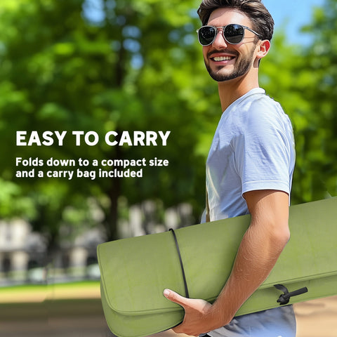 Olive green foldable yoga mat with black strap next to outsunny portable camping chair with padded seat and oxford cloth
