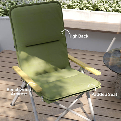 Green padded folding chair with beechwood armrests and oxford cloth seat from outsunny for camping and outdoor use