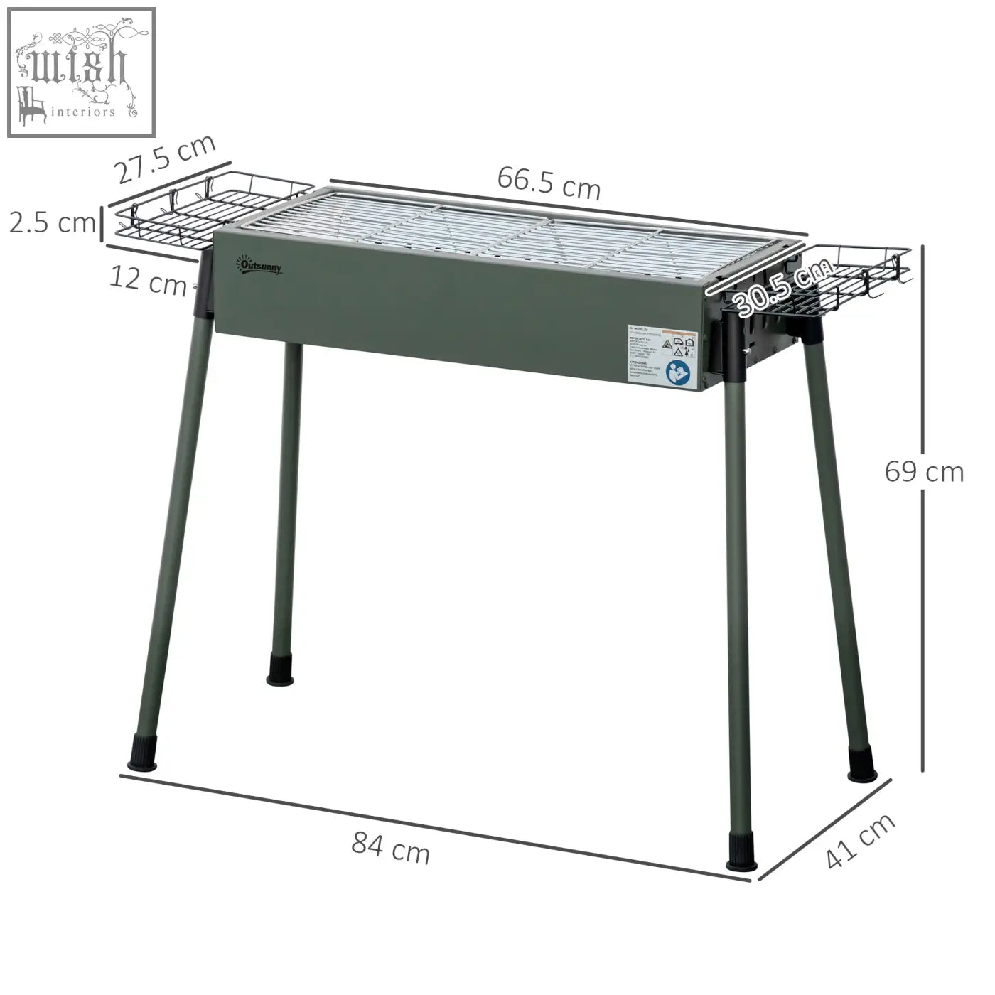 Outsunny portable charcoal barbecue grill with dark gray metal body, two side racks, airflow system, and charcoal grate for camping