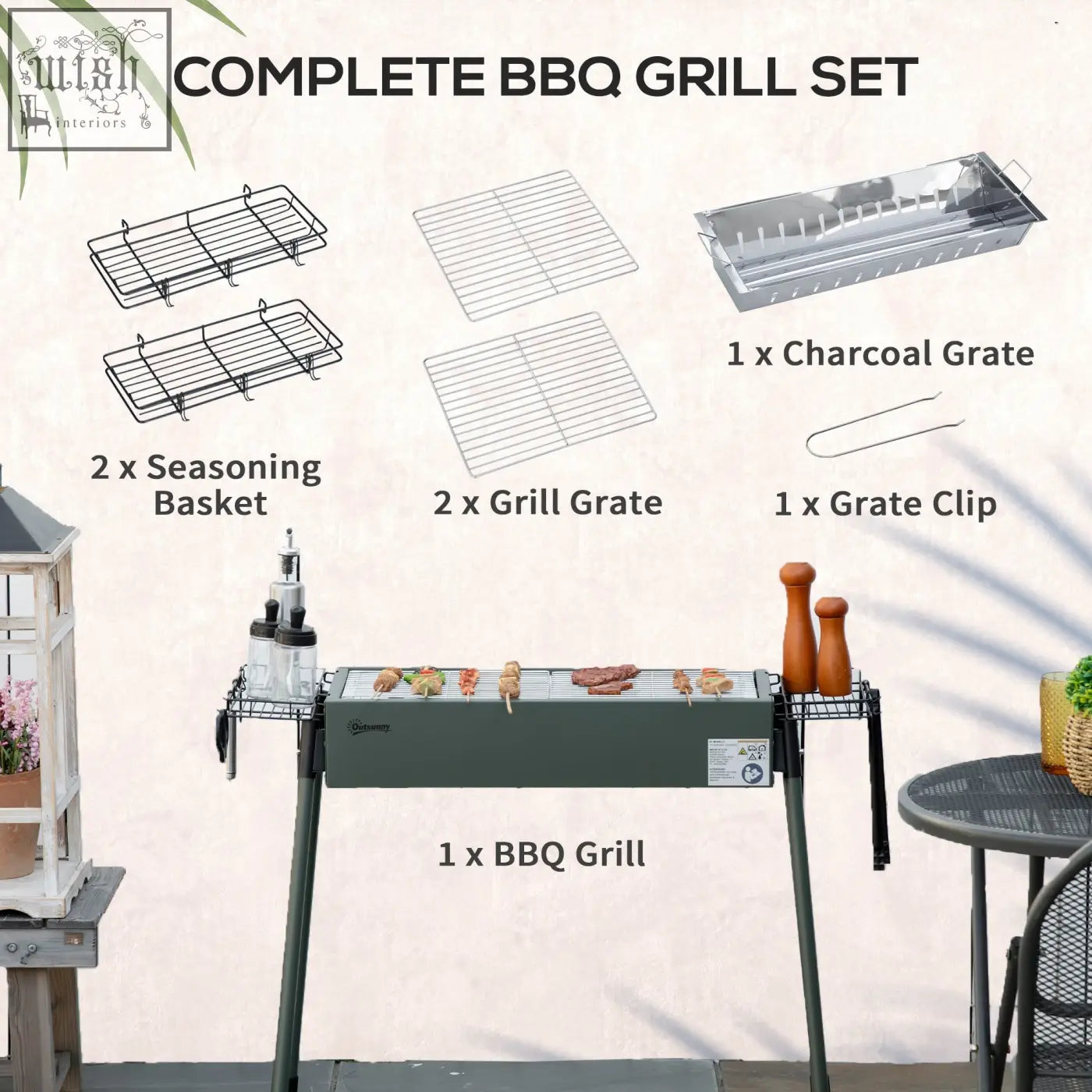 Dark green outsunny portable charcoal bbq grill with rectangular charcoal grate and side shelves for easy air flow