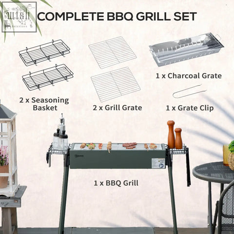 Dark green outsunny portable charcoal bbq grill with rectangular charcoal grate and side shelves for easy air flow