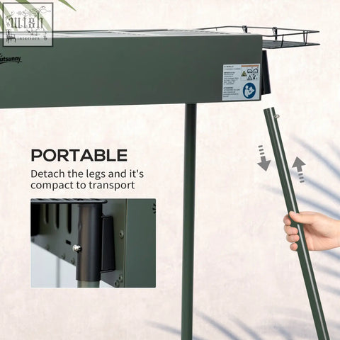 Dark green outsunny portable metal patio grill with charcoal grate, detachable legs, and airflow vents for easy cooking