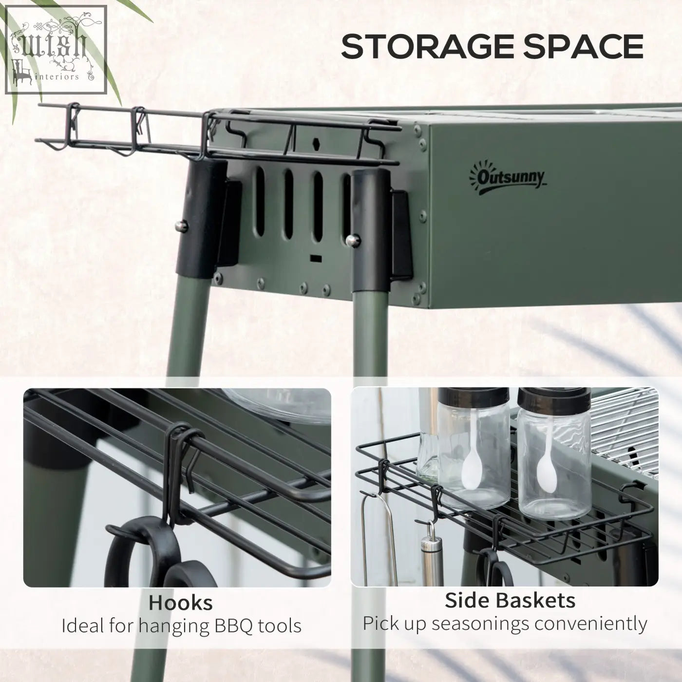 Outsunny portable olive green metal charcoal grill with air flow, black hooks, and side baskets for storage and seasoning