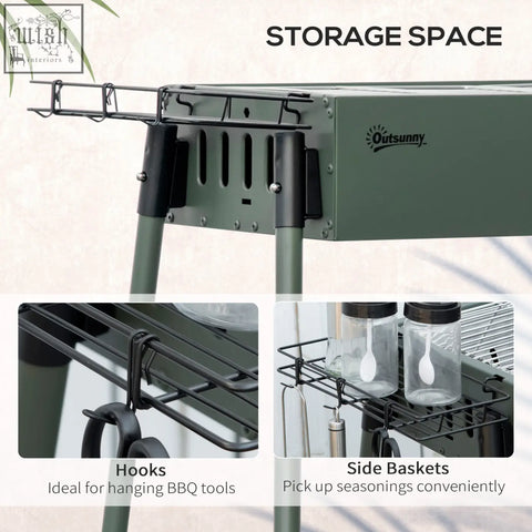 Outsunny portable olive green metal charcoal grill with air flow, black hooks, and side baskets for storage and seasoning