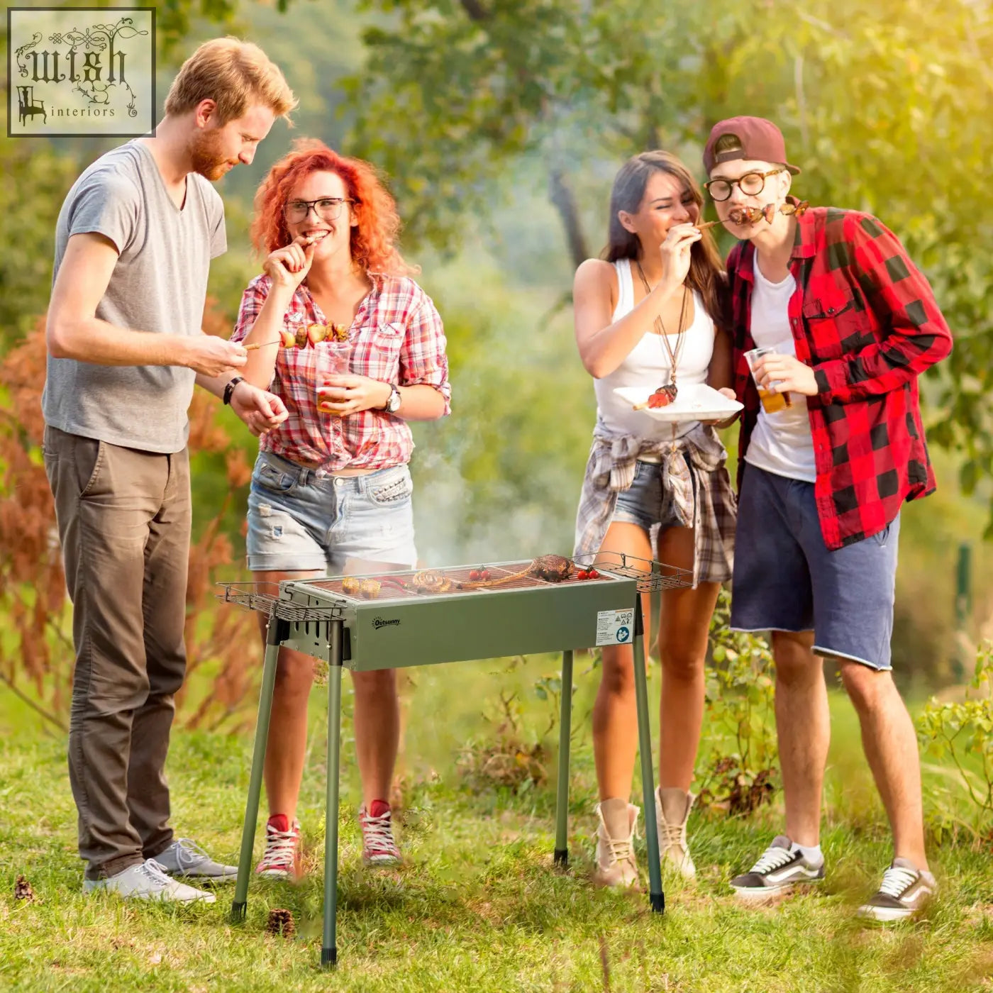 Outsunny portable green charcoal grill with metal legs and charcoal grate featuring air flow design for camping and picnics