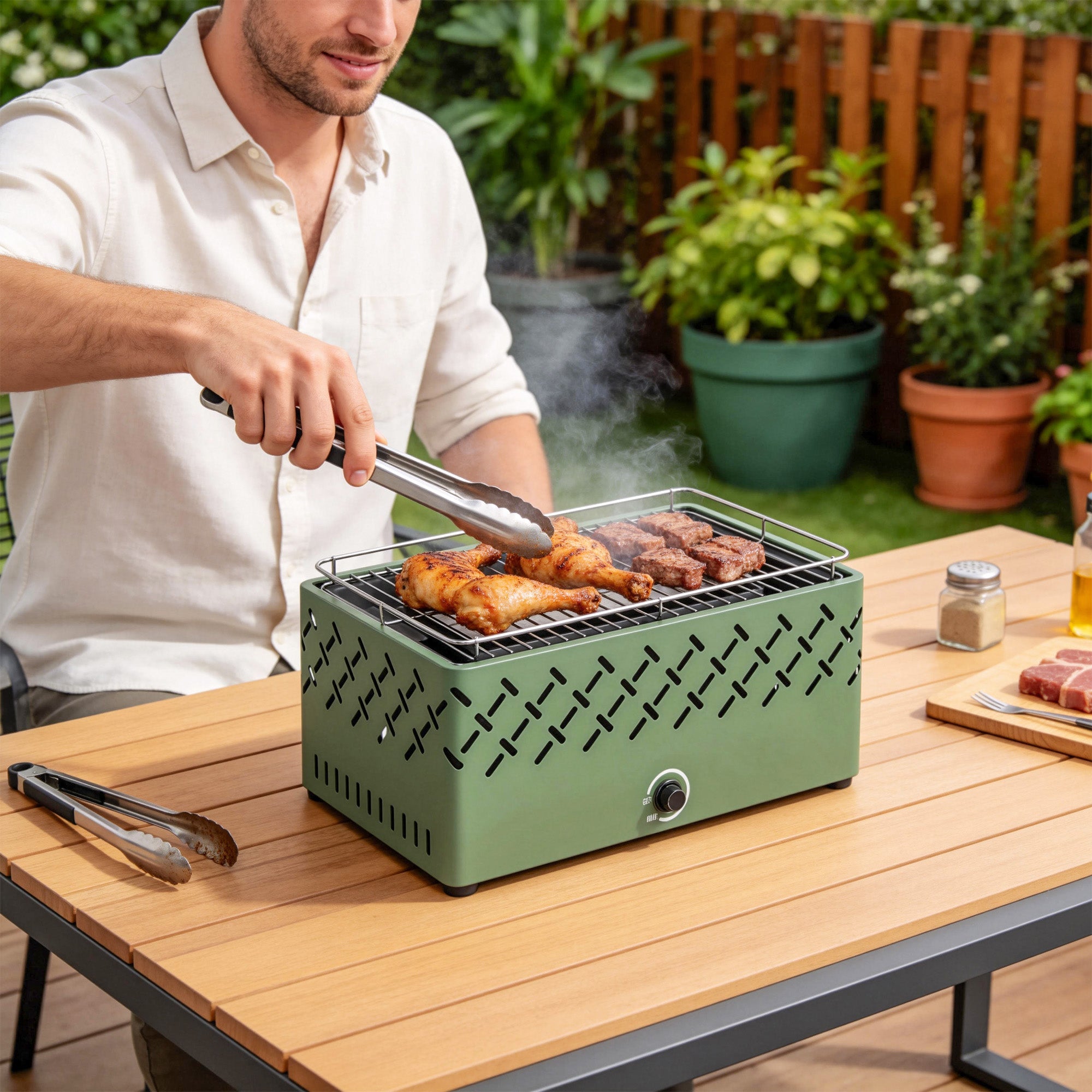 Olive green outsunny portable charcoal bbq grill with built-in fan charcoal tray ideal for short camping trips