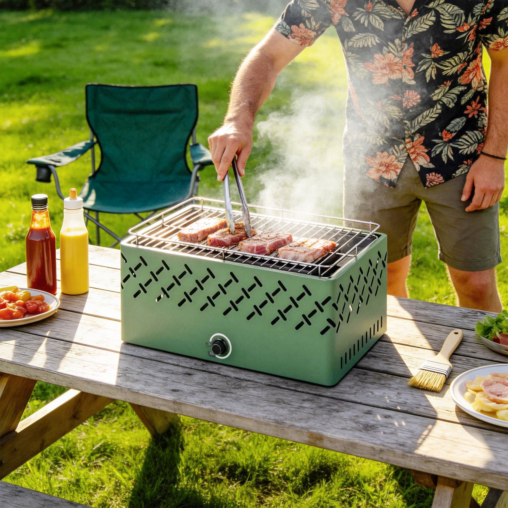Light green outsunny portable charcoal bbq grill with metal grate charcoal tray and built-in fan for short camping trips