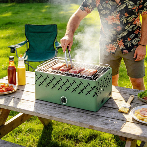 Light green outsunny portable charcoal bbq grill with metal grate charcoal tray and built-in fan for short camping trips