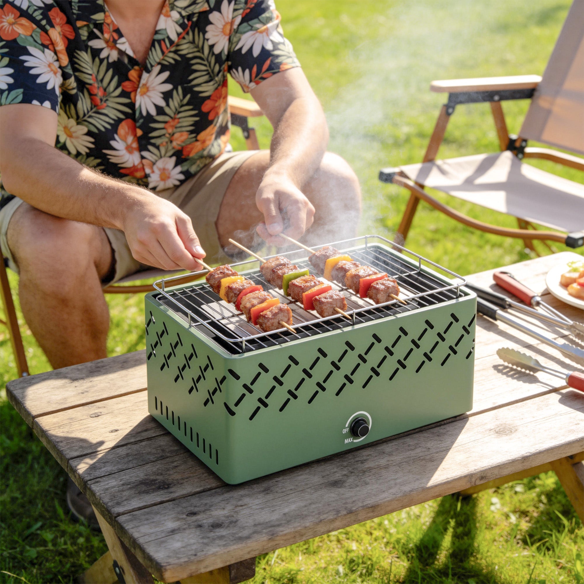 Outsunny portable light green charcoal grill with metal grate and charcoal tray for short camping trips and picnics