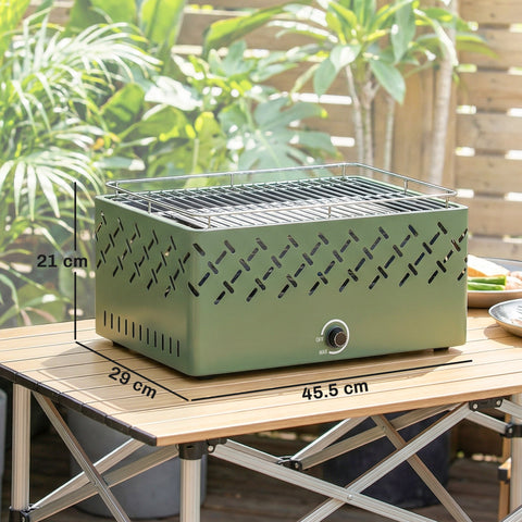 Olive green outsunny portable charcoal bbq grill with stainless steel grate, charcoal tray, and built-in fan for short camping trips