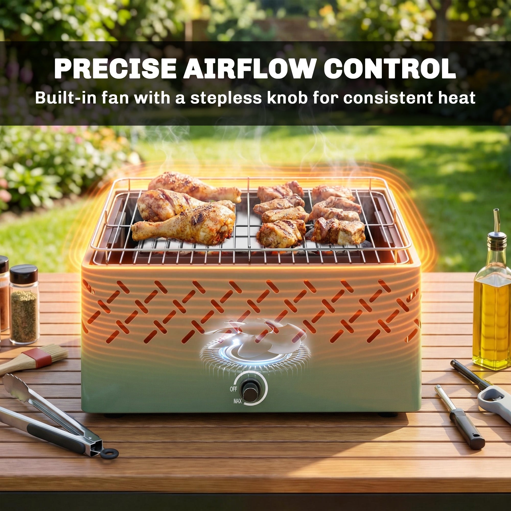 Outsunny portable charcoal bbq grill in light green with ceramic oval shape and charcoal tray for short camping trips