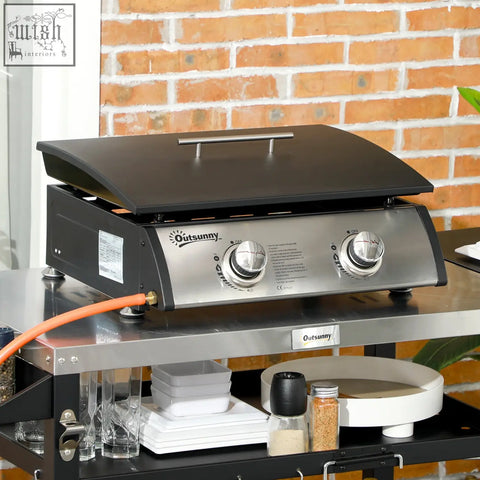 Outsunny portable black and stainless steel two burner gas plancha grill with 10kW power and grease collection box