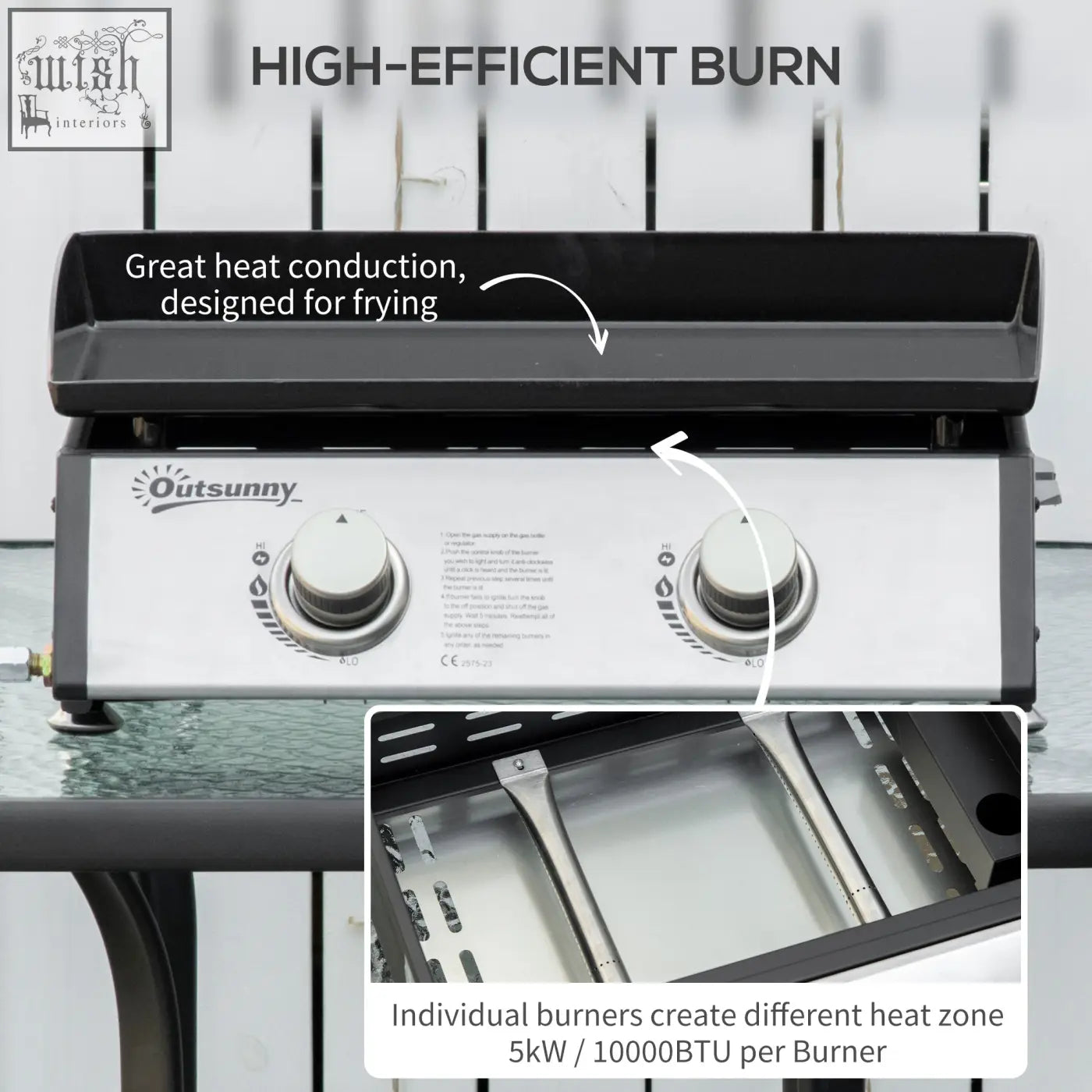 Silver and black outsunny two-burner gas grill with flat griddle top 10kW including grease collection box and cooking areas