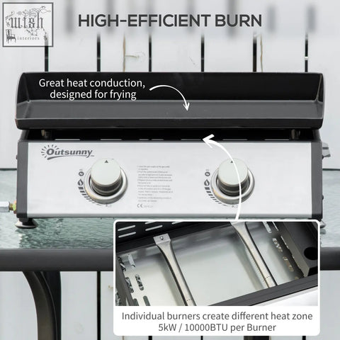 Silver and black outsunny two-burner gas grill with flat griddle top 10kW including grease collection box and cooking areas