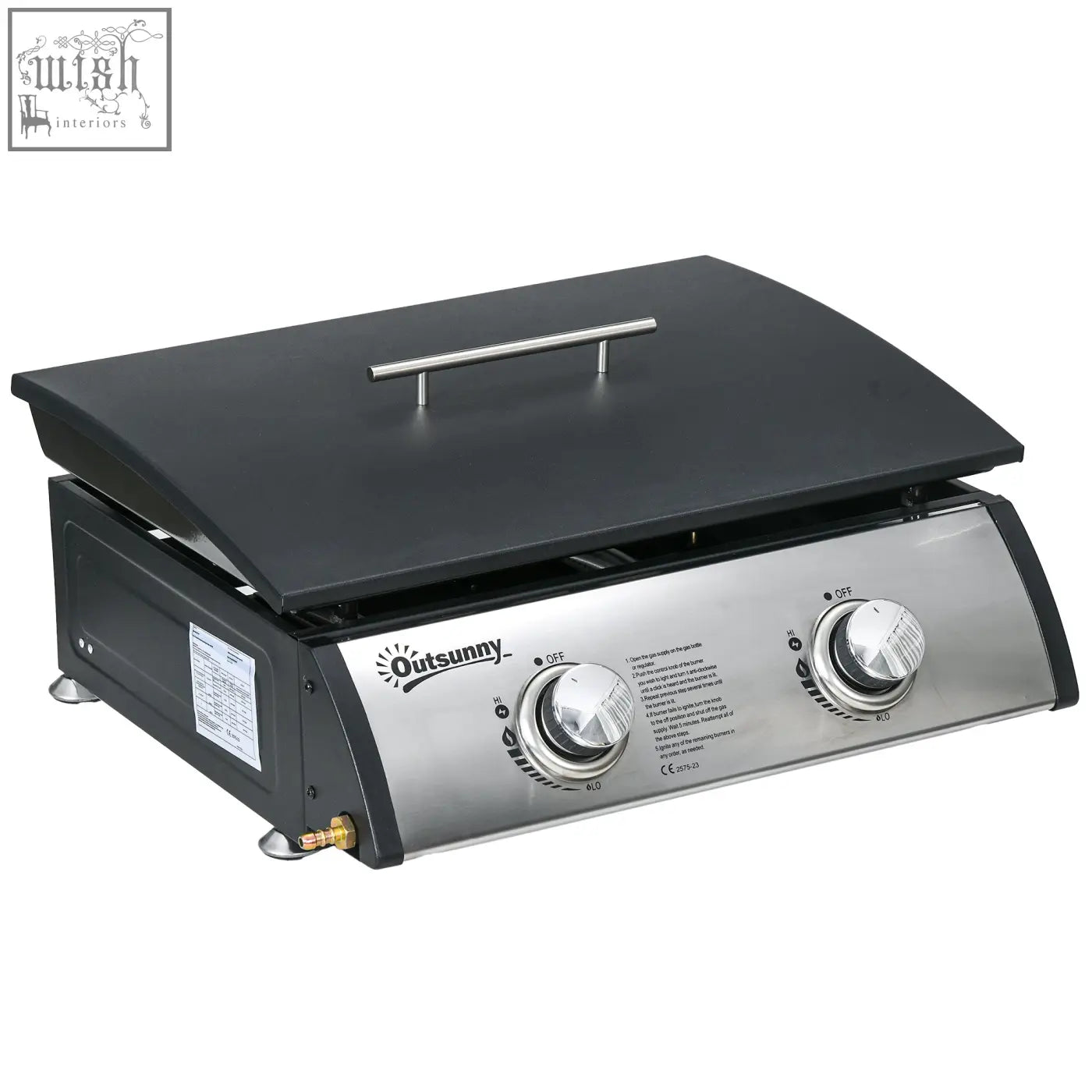 Black and stainless steel outsunny two-burner gas grill with flat griddle top 10kW btu and grease collection box