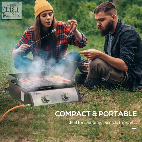 Outsunny portable black and silver tabletop gas plancha grill with 10kW power, 2 control knobs, and grease collection box