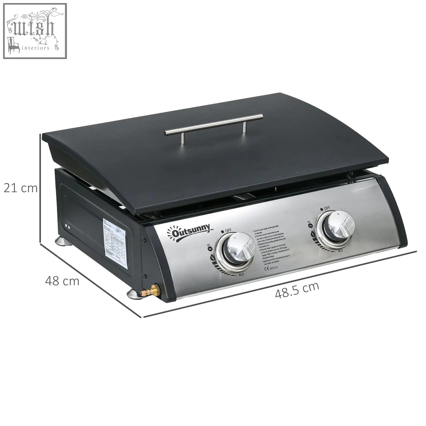 Black and stainless steel outsunny two burner outdoor grill with 5kw power cooking areas and grease collection box