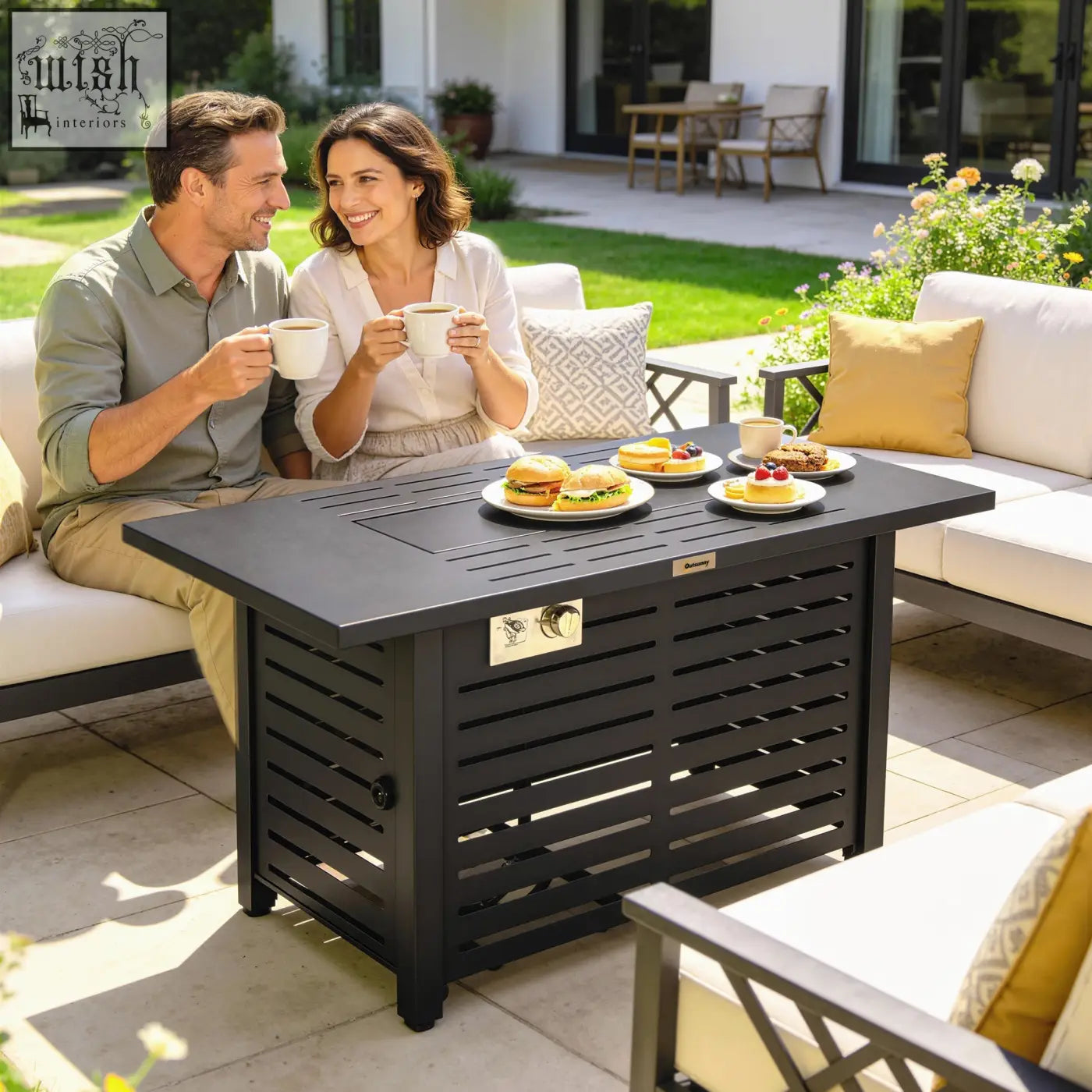 Black metal pit table with slatted sides and glass guard features pulse ignition for easy outdoor firepit use
